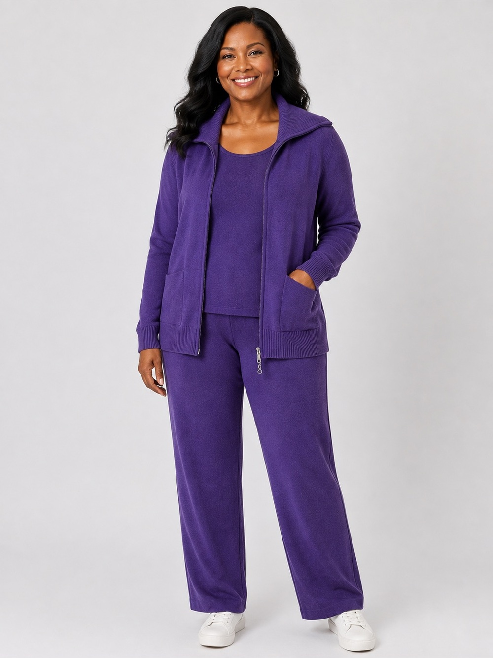 Susan Graver Purple 3 Piece Knit Sweater Pants Set XL Fits 1X